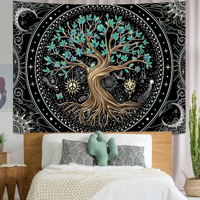 Lunerfex Tree of Life Tapastry Butterfly Moon Tapastry Flower Green Tree Tapestries Mandala Wall Hanging for Bedroom and Living Room Decor 70×90 Inches