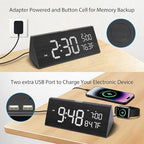 OhM-ega Wooden Digital Alarm Clock, Electric Clocks with Dual USB Port, Large Numbers, Temperature Display, Brightness Dimmer, Sound-Activated Display, Snooze, 12/24H, Black