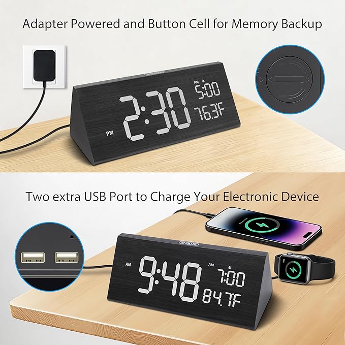 OhM-ega Wooden Digital Alarm Clock, Electric Clocks with Dual USB Port, Large Numbers, Temperature Display, Brightness Dimmer, Sound-Activated Display, Snooze, 12/24H, Black