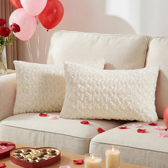FUTEI Cream White Decorative Throw Pillow Covers 12x20 Inch Set of 2,Soft Solid Rose Swirl Textured Lumbar Pillow Case,Valentine's Day Decor for Couch Living Room