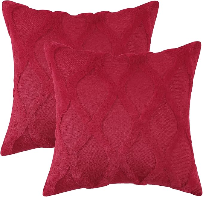 decorUhome Spring Throw Pillow Covers 20x20 Inch Set of 2, Soft Plush Faux Fur Wool Red Couch Pillow Covers, Decorative Neutral Pillow Cases for Bed Sofa Living Room Home Decor