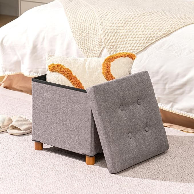 B FSOBEIIALEO Storage Ottoman with Tray, Foot Stools and Ottomans with Legs, Storage Cube Seat Linen Grey 15"