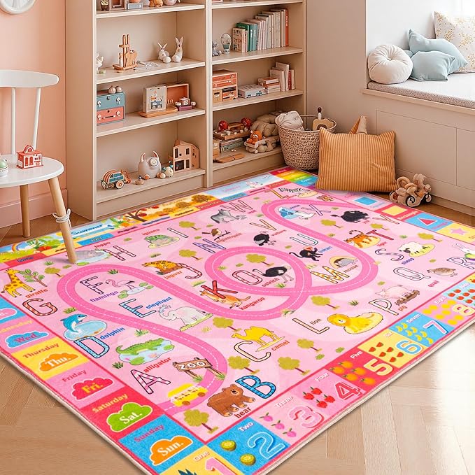 Kids Rugs Playmat for Bedroom Kids Room, Educational ABC Rug for Classroom, Non-Slip Washable Playroom Carpet for Boys Girls, Zoo Road Play Mat, 5x7 Pink