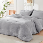 HYMOKEGE Light Grey California King Comforter Set Seersucker 7 Pieces, All Season Luxury Bed in a Bag for Bedroom, Bedding Set with Comforters, Sheets, Pillowcases & Shams