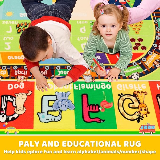 ABC Kids Rug for Playroom - 78.7" 118" Baby Play Mat Alphabet Animal Number Shape Classroom Rug