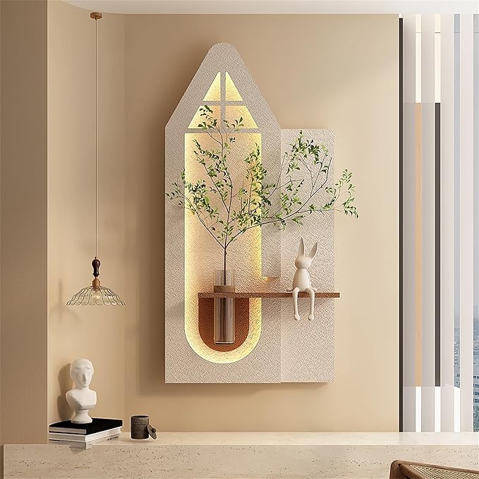 LED Sandstone Wall Decor, 3D Wall Art Sculpture, Simulated Plants, Glass Vase & Remote Control 3 Color Light for Living Room, Bedroom, Corridor(Light Coffee,47.2 * 13in)