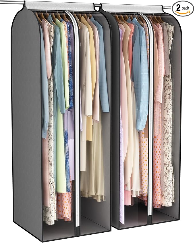 22” Gusseted Garment Bags for Hanging Clothes, Large Clear Window Clothes Cover for Closet Storage, Wardrobe Coat Protector for Suit, Shirt Long Dress, Bottom Enclosed, 2 Pack, 60” Long