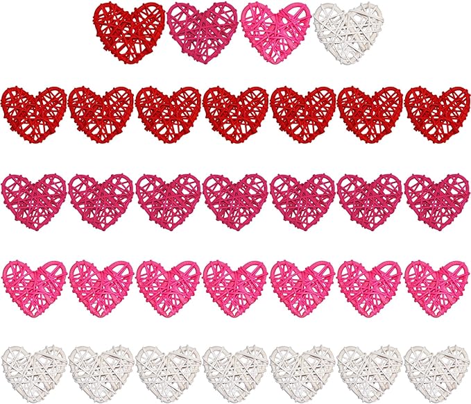 STMK Valentine’s Day Rattan Balls Decorative, 32 Pcs 2.36 Inch Heart Shaped Wicker Balls Decorations for Valentine’s Day Decor DIY Vase Bowl Filler Wedding Decoration (Red, Rose, Pink and White)