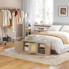 DINZI LVJ Shoe Bench, Entryway Storage Bench with Doors, Cushion, 2-Tier Shoe Rack with 6-Cubby, 39.4”L x 13.8”W Shoe Organizer Cabinet, Adjustable Shelf, Living Room, Bedroom, Natural with Rattan