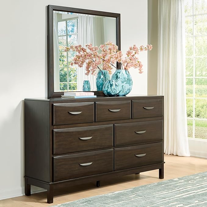 Signature Design by Ashley Vanmore Contemporary 7-Drawer Dresser and Mirror with Anti-Tipping Restraint, Dark Brown