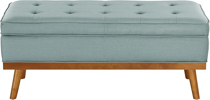 OSP Home Furnishings Katheryn Mid-Century Modern Storage Bench with Tufted Seat and Wood Legs, Sea Blue Fabric