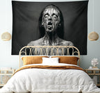 Ambesonne Zombie Tapestry King Size, Unusual Scream Monster Woman with Empty Eyes Looking up Horror Picture Design, Wall Hanging Bedspread Bed Cover Wall Decor, King Size, Black and White