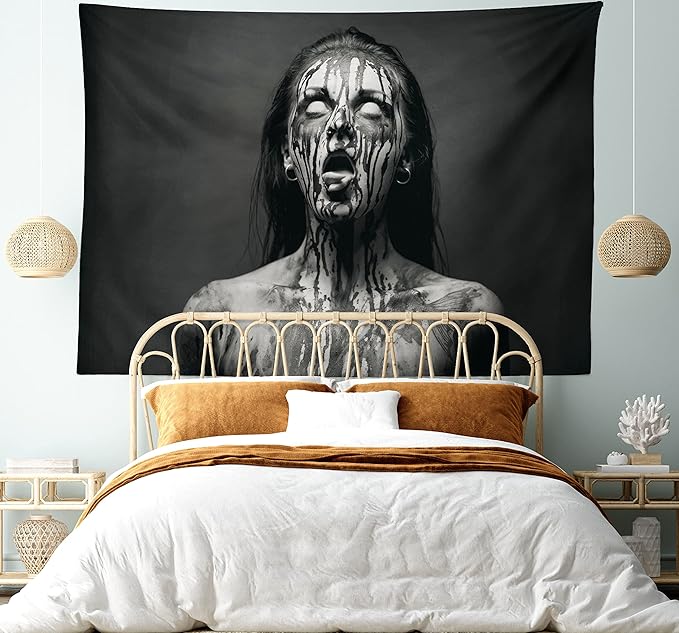 Ambesonne Zombie Tapestry King Size, Unusual Scream Monster Woman with Empty Eyes Looking up Horror Picture Design, Wall Hanging Bedspread Bed Cover Wall Decor, King Size, Black and White