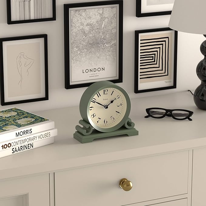 JONES CLOCKS® Saloon Mantel Clock | Traditional Double Scroll Design | Green | Contemporary Classic Style for Desk, Table, Shelf or Bedside
