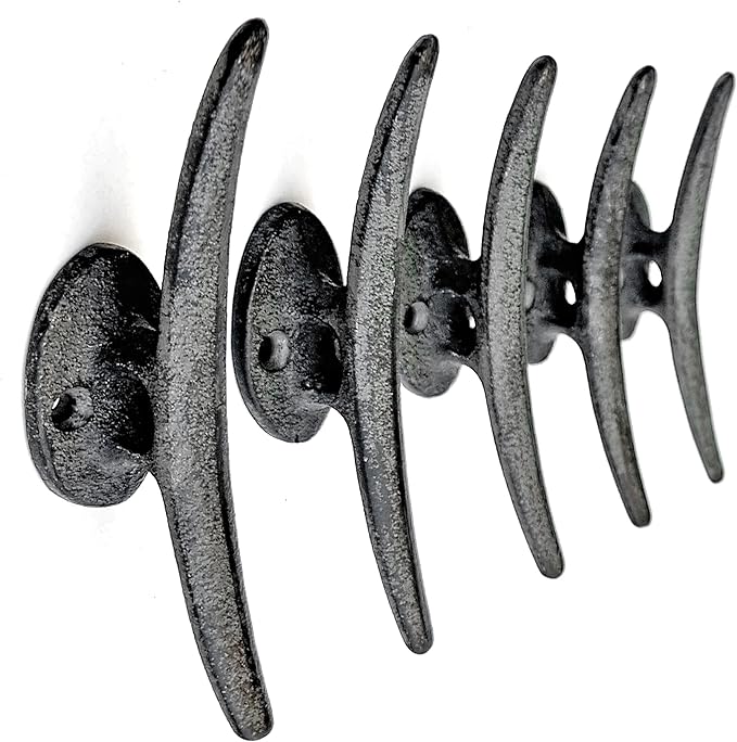 Ambipolar 5 Pack Decorative Cast Iron Heavy Duty Double Hooks, Wall Mounted Coat Hooks, Vintage Inspired (Antique Black) (Mooring Type)