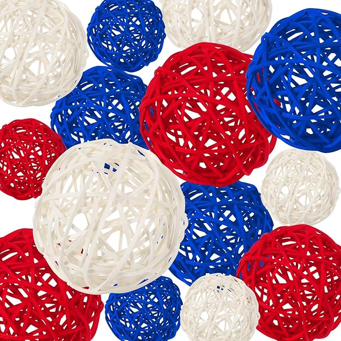 SANNIX 16 Pcs Red White and Blue Rattan Balls 4th of July Vase Filler Wicker Balls Patriotic Decorations 3 Sizes Decorative Balls for Bowls Independence Day Home Table Decor