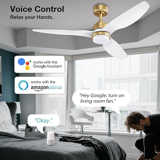 52 Inch Smart Ceiling Fans with Lights and Remote,Dimmable LED Light,Outdoor Indoor Gold White Ceiling Fan,Quiet DC Motor,High CFM 6 Speed,WIFI Alexa App Workable,for Bedroom Living Room Patio