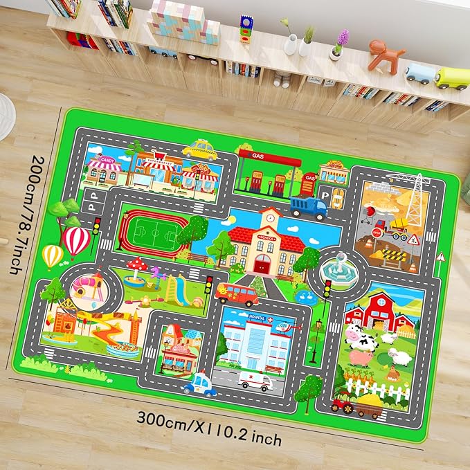 Kids Car Playmat, Kids Rug for Playroom Car Mat Town City Road Traffic Rugs, Play Mat for Floor, Extra Large Boys Kid Car Track Play Rug (Style SIX, 110.2 X 78.7 INCH)