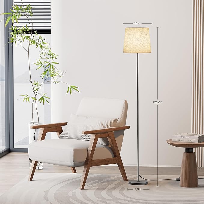 Floor Lamp with Linen Shade - 62" Dimmable LED Standing Lamp with Remote Control, 9W E26 Bulb Included, 3000-6000K, Modern Floor Reading Light for Bedroom Living Room Office Corner, Black