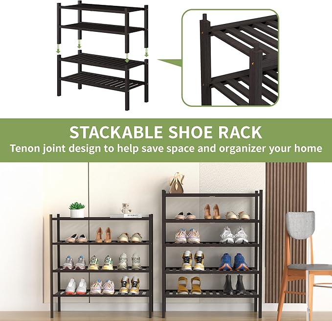 4 Tier (Thick) Bamboo Shoe Rack for Closet Free Standing Wood Shoe Shelf for Entryway Small Space Stackable 27"x12"x28" (Black Brown)