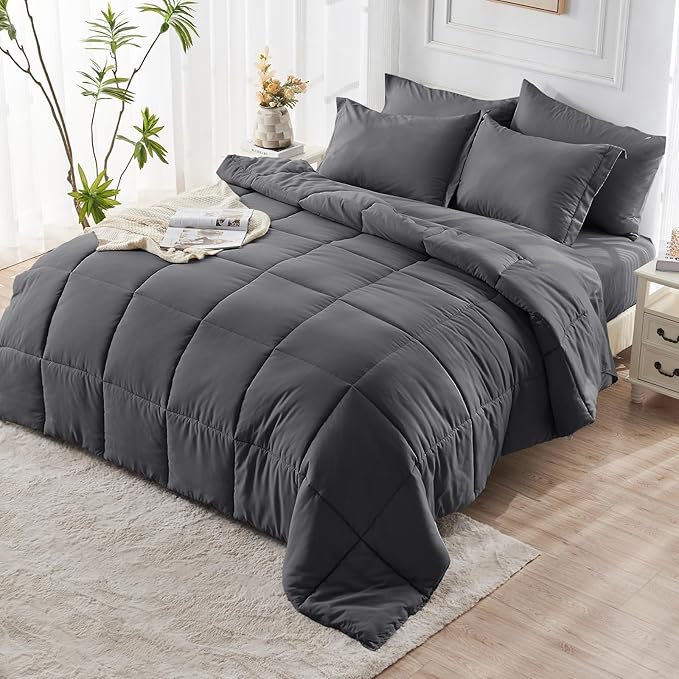 JOLLYVOGUE King Comforter Set, Ultra-Soft Bed in a Bag King Size 7 Pieces, Oeko-TEX Certified Bedding Set with Down Alternative Comforter, Sheets, Pillowcases & Shams, Dark Grey