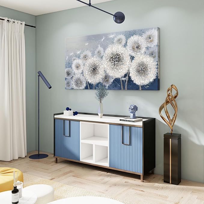 Pogusmavi Blue Dandelion Large Canvas Wall Art - 29x58IN for Living Room & Bedroom