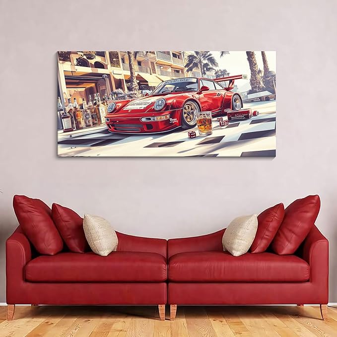 JEAWA Modern Canvas Wall Art - Large Canvas Wall Decor for Bedroom Living Room Home Office 24 x 48 IN, Funny Wall Art for Home Decoration, Red Car Pictures for Wall Decor