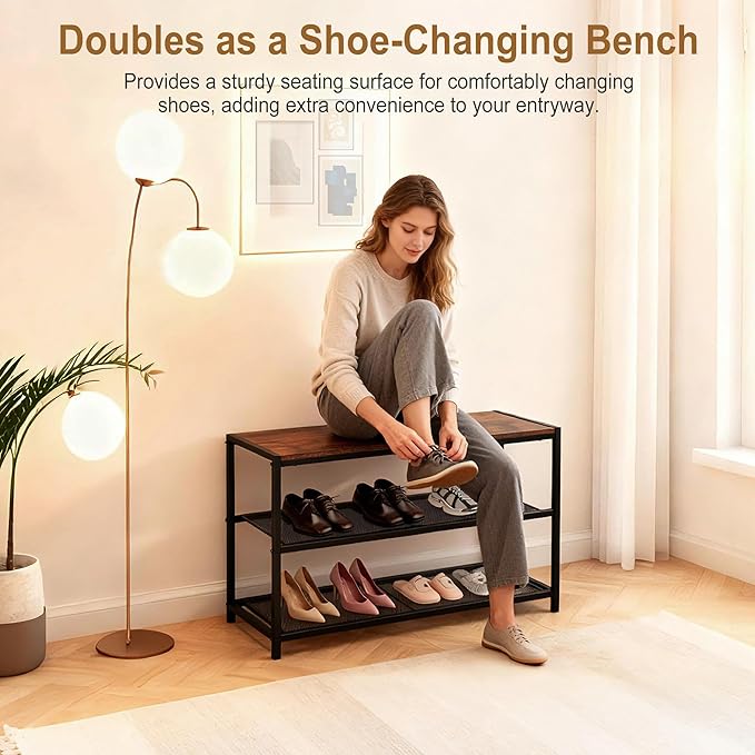 DUMOS 3-Tier Shoe Bench with Storage, Industrial Entryway Sturdy Shoe Rack Organizer Bench with Mesh Shelves for Entryway, Hallway & Living Room, Easy Assembly, Rustic Brown