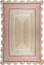 Scalloped Edge Rug, Hand Woven Natural Jute Area Rug, 5x7 Ft Beige & Pink Braided Sisal Kilim Rugs for Living Room, Kitchen, Entryway, Farmhouse