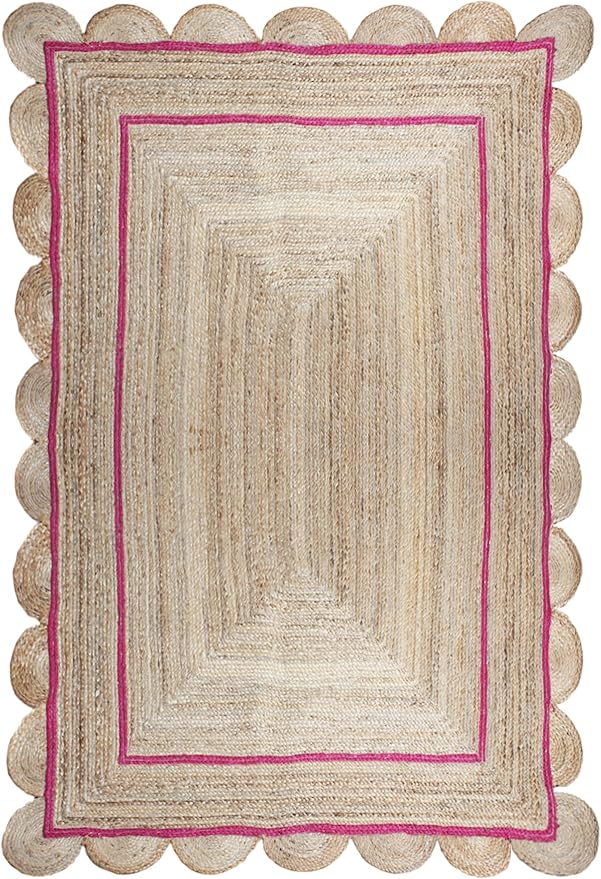Scalloped Edge Rug, Hand Woven Natural Jute Area Rug, 5x7 Ft Beige & Pink Braided Sisal Kilim Rugs for Living Room, Kitchen, Entryway, Farmhouse