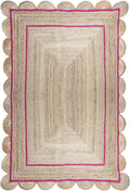Scalloped Edge Rug, Hand Woven Natural Jute Area Rug, 11x11 Ft Square Beige & Pink Braided Kilim Rugs for Living Room, Kitchen, Entryway, Farmhouse