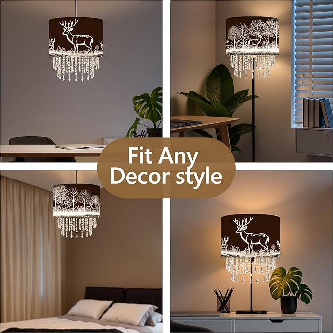 Deer & Forest Lamp Shade Acrylic Bead Droplets, Black Drum Fabric Light Shade for Ceiling Pendant Table & Floor Lamps, Decor & Gift for Wild Animal Nature Lover, 11.8in