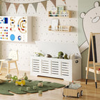 DINZI LVJ Storage Chest, 47.3” Wooden Toy Box with 2 Safety Hinges, Retro Entryway Shoe Storage Bench with Flip-Top, Sturdy Large Storage Trunk for Living Room, Bedroom, Easy Assembly, White