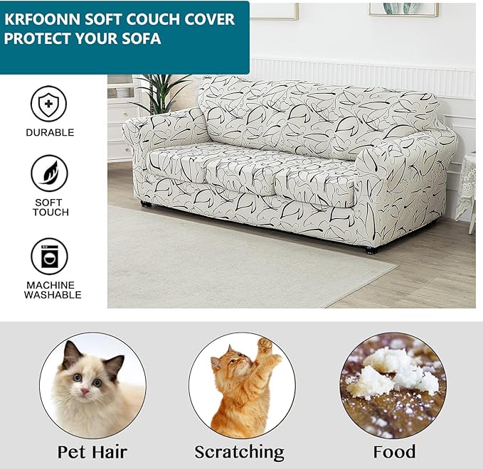 KRFOONN 4 Piece Printed Sofa Couch Cover for 3 Cushion Couches Stretch Sofa Slipcovers with 3 Separate Seat Cushion Covers Washable Furniture Protector with Elastic Bottom (Sofa, 58)