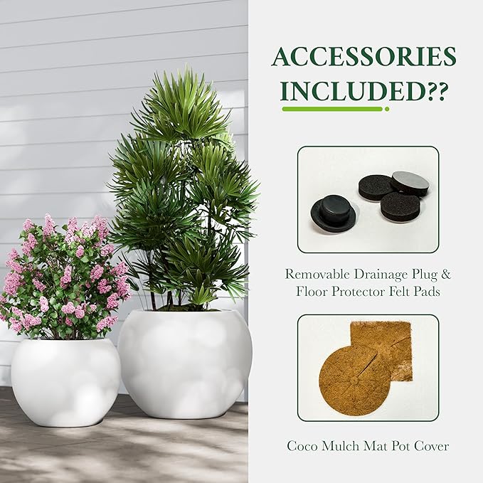 DTY Signature Mt Sherman 12.6''D x 10''H Fiberstone Round Planter with Drainage Hole, Smooth Finishes, Weather Resistant for Indoor and Outdoor Use, Included 2 Extra Coco Mats(Pot Opening 8.5'')