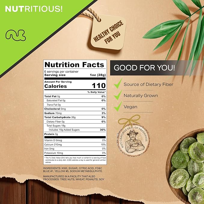 NUT CRAVINGS - Dried Kiwi Slices, Lightly Sweetened (6oz, 1 Pack) Tu Bishvat Favorite - Sweet Healthy Snack, Vegan, Kosher, Resealable Bag