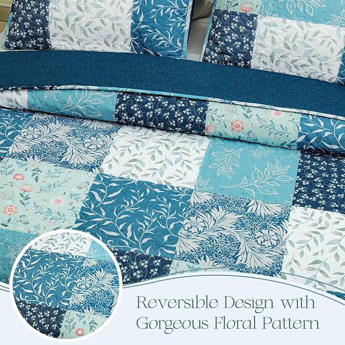 Exclusivo Mezcla Reversible Boho Quilts Queen Size, Navy Blue Bedspreads Lightweight Coverlet All Season Patchwork Quilt Bedding Set with Printed Floral Pattern (1 Quilt, 2 Pillow Shams)