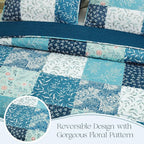 Exclusivo Mezcla Reversible Boho Quilts Queen Size, Navy Blue Bedspreads Lightweight Coverlet All Season Patchwork Quilt Bedding Set with Printed Floral Pattern (1 Quilt, 2 Pillow Shams)