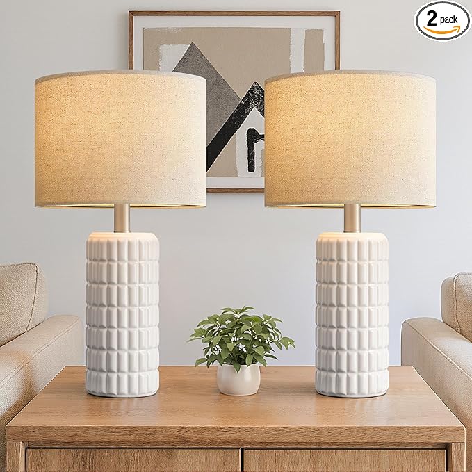23" Modern Ceramic Table Lamps Set of 2 - Table Lamps for Living room, Farmhouse Bedside Night Stands Lamp for Bedroom, White Boho Nightstand Lamps Set of 2, Desk Lamp for End Table Home Decor