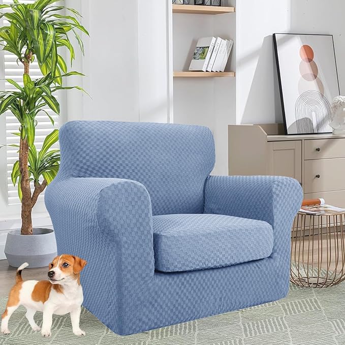 YEMYHOM Latest Checkered 2 Pieces Chair Covers for Living Room High Stretch Thickened Chair Slipcovers with Arms Anti Slip Elastic Armchair Sofa Couch Protector (Light Blue), 31"-46"(1 Cushion)