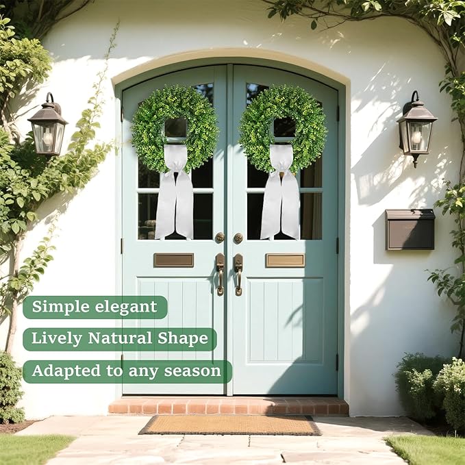 20''Boxwood Wreaths for Front Door,Artificial Spring Summer Wreath,Boxwood Wreaths with Sash,All Seasons Wreath for Farmhouse,Wedding,St Patrick's Day Decoration,Indoor & Outdoor