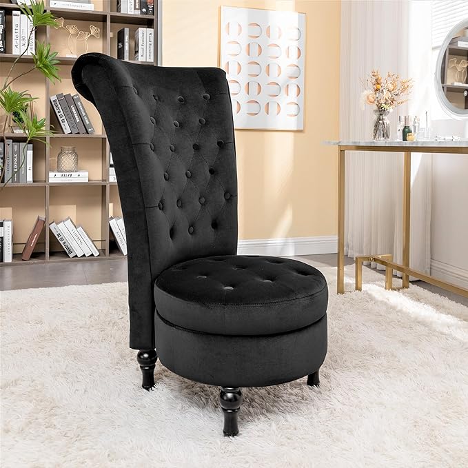Royal High-Back Velvet Accent Chair for Vanity with Storage and Luxurious Upholstery, Retro Design and Versatile Usage for Living Room, Bedroom, Lounge and Office, Black