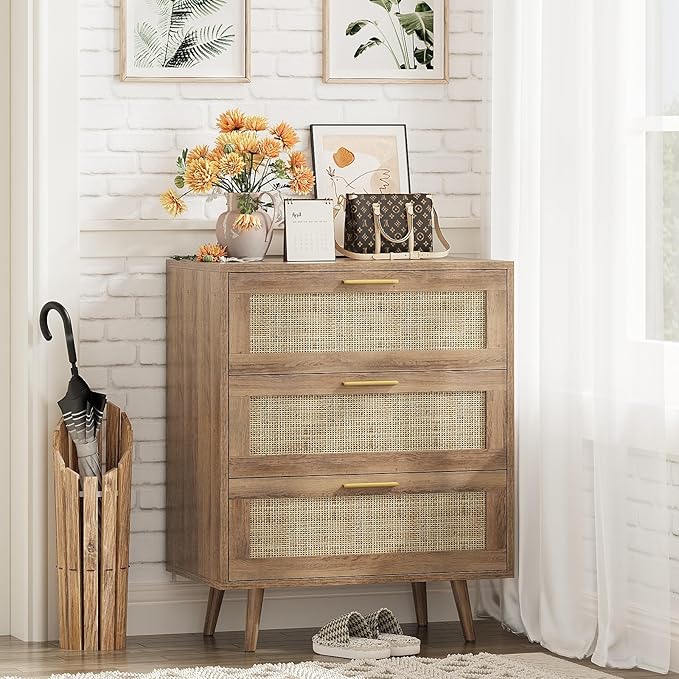 3 Drawer Dresser for Bedroom Rattan Dresser Chest of Drawers with Spacious Storage Boho Clothes Storage Nightstand for Living Room