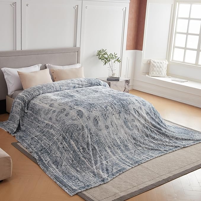Oversized Vintage Pattern Blanket 120x120 Inches, Giant 10'x10' for Bed, Travel, and Camping, Extra Large Soft Blanket for The Whole Family and Outdoor, Light Grey