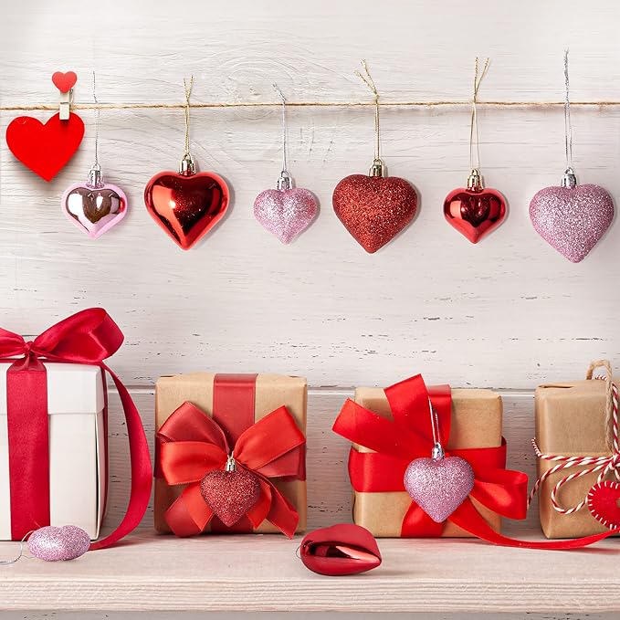 Heart Decorations, 48pcs Heart Shaped Ornaments, Glitter Red Heart Shaped Hanging Baubles, Romantic Pink Glossy Valentines Decor for Outdoor Indoor Party Wedding Engagement Lover