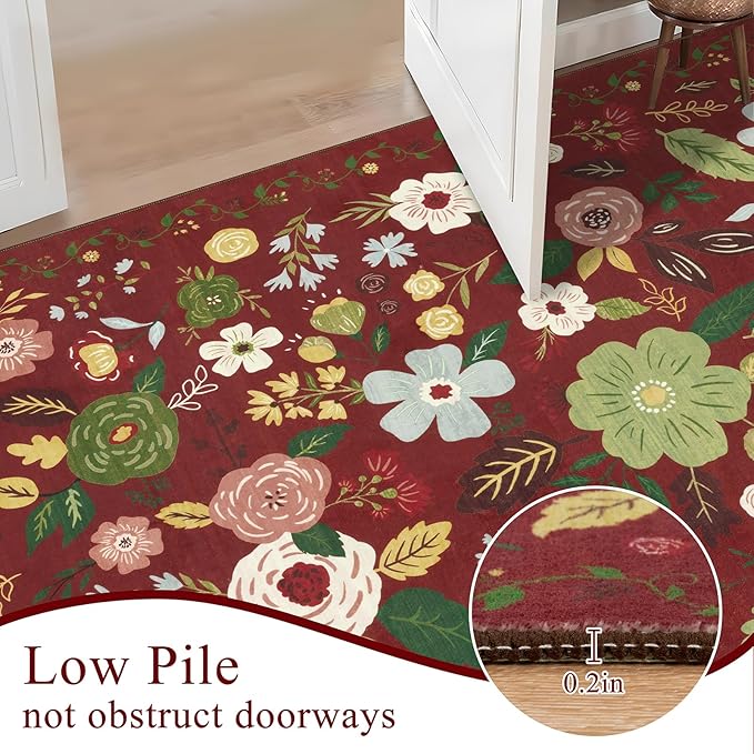 U'Artlines 5x7ft Red Christmas Area Rug, Colorful Floral Boho Rug Machine Washable Ultra Soft Low Pile Non Slip Non Shedding Accent Floor Carpet for Living Room, Bedroom, Dining Room,Farmhouse,Office