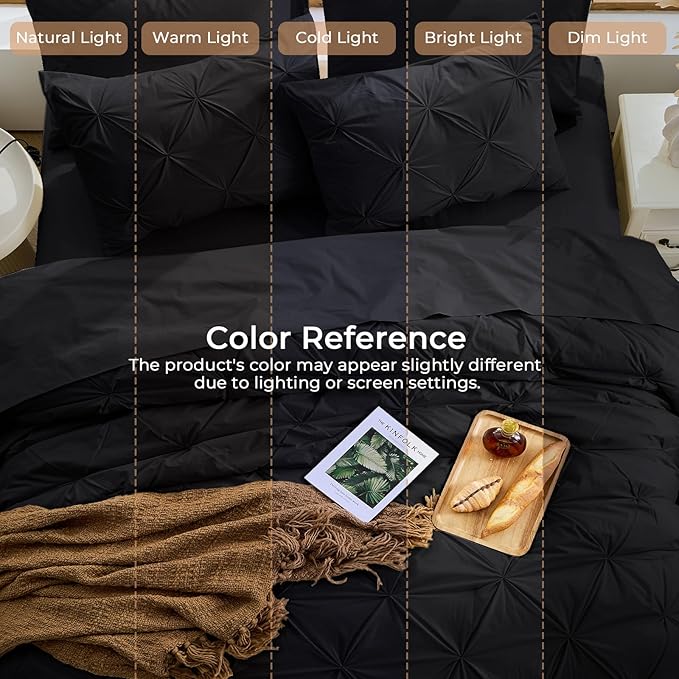 Sasttie King Size Comforter Set, 7-Piece Bed in a Bag, Pintuck Bedding Set for All Season, Includes Comforter, Flat Sheet, Fitted Sheet, Pillowcases and Pillowshams, Black