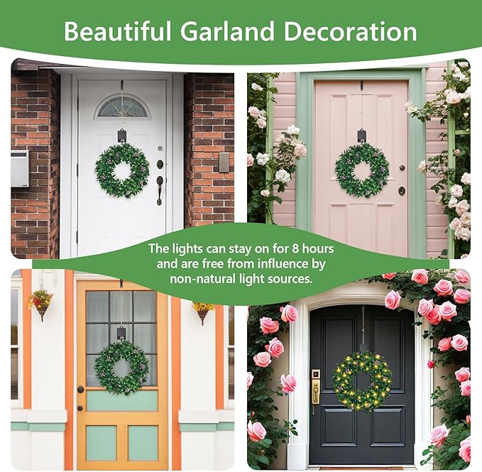 Solar Spring Wreath for Front Door Pre-lit 16inch 30LED Wreaths Spring Summer Decor for Outside Aftificial Purple Flower Wreaths Home Decorations Wreath for Door Festival Decor