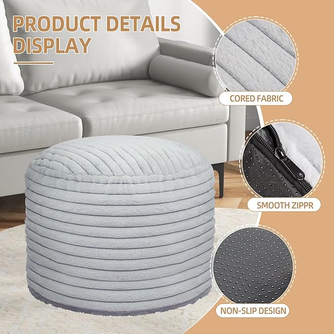 Round Stuffed Pouf Ottoman Foot Rest for Couch Round Ottoman with Foam Chunk Filling Stripe Faux Fur Ottomans for Living Room Floor (26"x18",Light Grey)