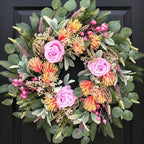 24 Inch Wreath for Front Door Spring Wreath with Purely Handmade Roses, Rose Leaves, Big Berries, Flocking Protea, Home Indoor Outdoor Wall Festival Farmhouse Holiday Decor Year Round